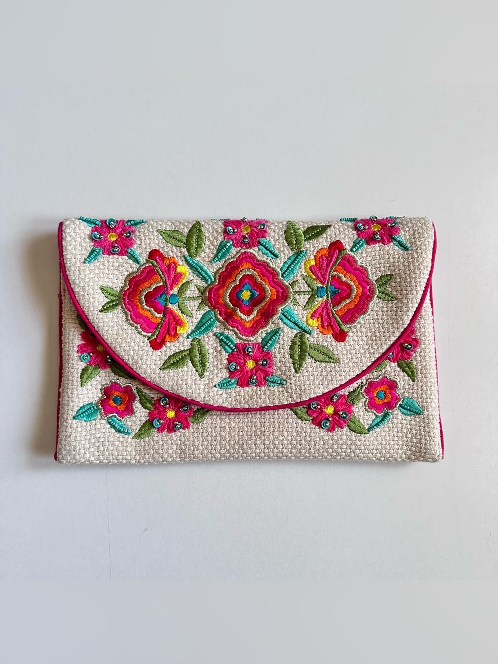 Made India Embroidered Floral Envelope Crossbody Bag  Clutch Pink & Cream